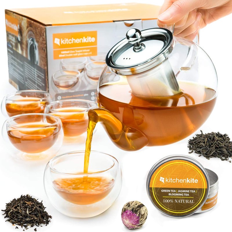 Kitchen Kite Glass Teapot Set with 4 Double Wall Tea Cups & Removable Stainless Steel Infuser, 35oz/1000ml Borosilicate Tea Kettle Stovetop Safe, Loose Leaf & Blooming Tea Maker Gift Set for Women