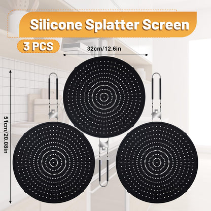 3 Pcs Silicone Splatter Screen for Frying Pan Grease Oil Splatter Collapsible Splash Guard Heat Resistant Multi Use for Baking and Cooking(Black)