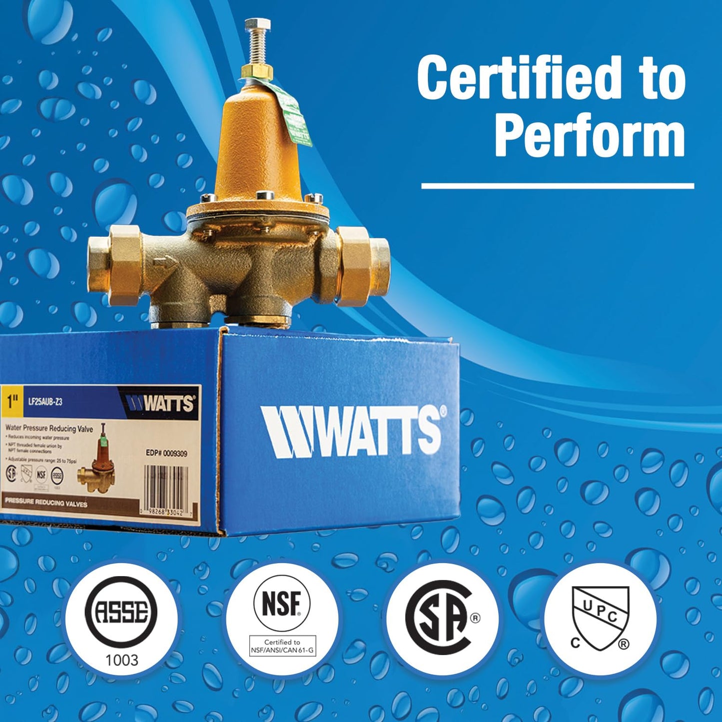Watts LF25AUB-DU-Z3 1 Series 1-Inch Lead-Free Water Pressure Reducing Valve, Double Union, NPT Female, Polymer Seat, Elastomer Disc, Adjustable 25-75 PSI (0009322)
