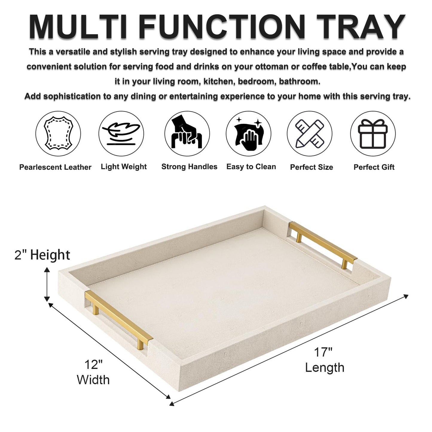 White Leather Large Ottoman Tray for Living Room,Stylish Square Decorative Tray for Coffee Table,Versatile Serving Trays with Handles for Party