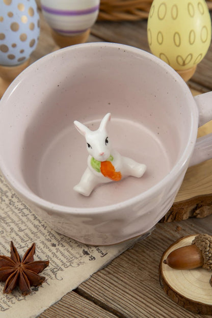 DIHOclub Farmhouse Ceramic Coffee Mug with Rabbit Figurine – Rustic Stoneware Cup, Matte Finish, Ideal for Breakfast & Home Decor (Pink Rabbit)