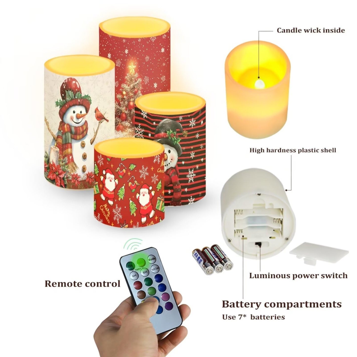 NEITLGEN Christmas Theme Flameless Candles with Timer Remote, Flickering Battery Operated LED Pillar Candles Set of 4 Holiday Decoration