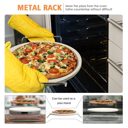 5 PCS Round Pizza Stone Set, 13" Pizza Stone for Oven and Grill with Pizza Peel(OAK),Serving Rack, Pizza Cutter & 10pcs Cooking Paper for Free, Baking Stone for Pizza, Bread