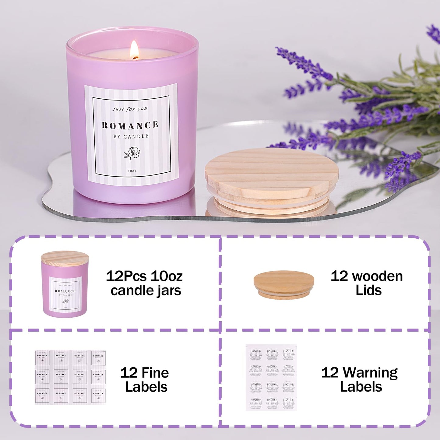 12Pcs Assorted Purple Candle Jars for Making Candles, 10oz Empty Candle Jars with Bamboo Lids and Labels, Glass Jars for Candle Making Supplies, Candle Containers for DIY Gifts