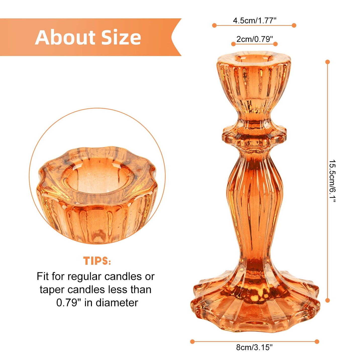 Glass Candle Holders, 2PCS Pillar Candle Holders Decorative Candlestick Holders Table Centerpieces Valentines Wedding Home Decor, Orange