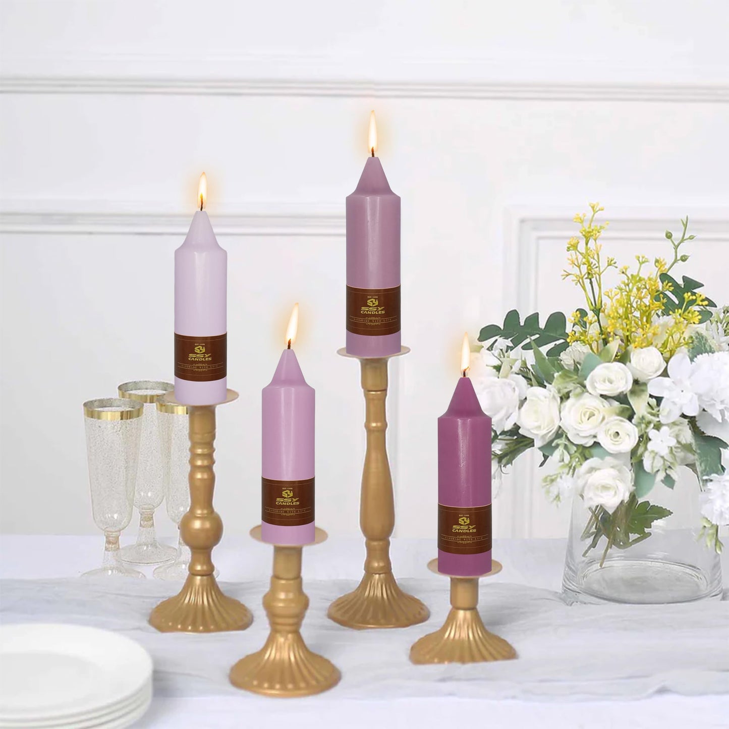 Short Taper Candles Set of 4 – 5 Inch Unscented Tapered Candles,Gradation Purple Smokeless Candle Sticks Handmade Taper Candles for Wedding Home Decor Dinner