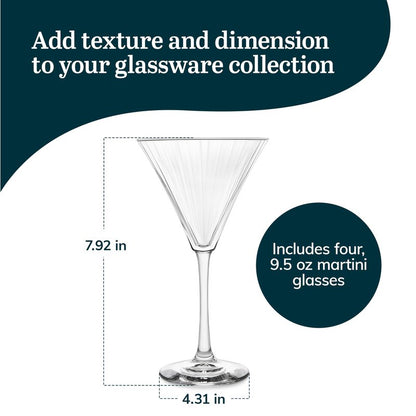 Libbey Paneled Martini Glasses Set of 4, 9.5 Oz Fine Ribbed Modern Martini Glasses, Dishwasher Safe Martini Cocktail Glasses for Cocktail Parties