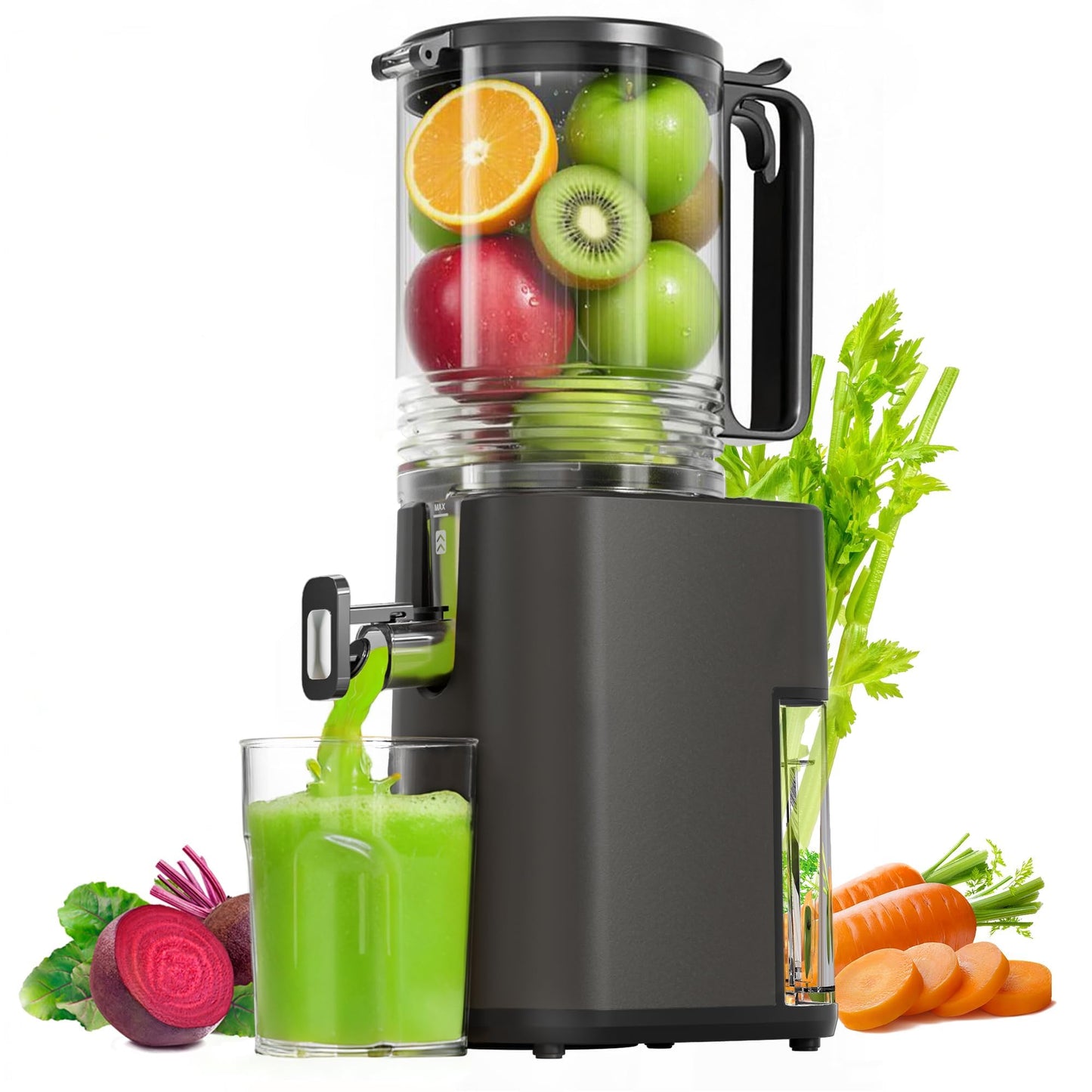 Cold Press Juicer with 5.5" Wide Feed Chute, Slow Masticating Juicer Machine for Whole Fruits & Vegetables, High Juice Yield, Gray