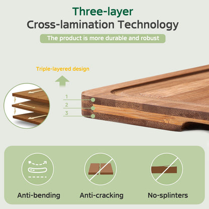 Vocvee Bamboo Cutting Boards for Kitchen(Set of 3), Wood Cutting Board with Wood Storage Stand, Charcuterie & Chopping Board for Vegetables and Meat, with Deep Juice Groove, Ideal Kitchen Gifts