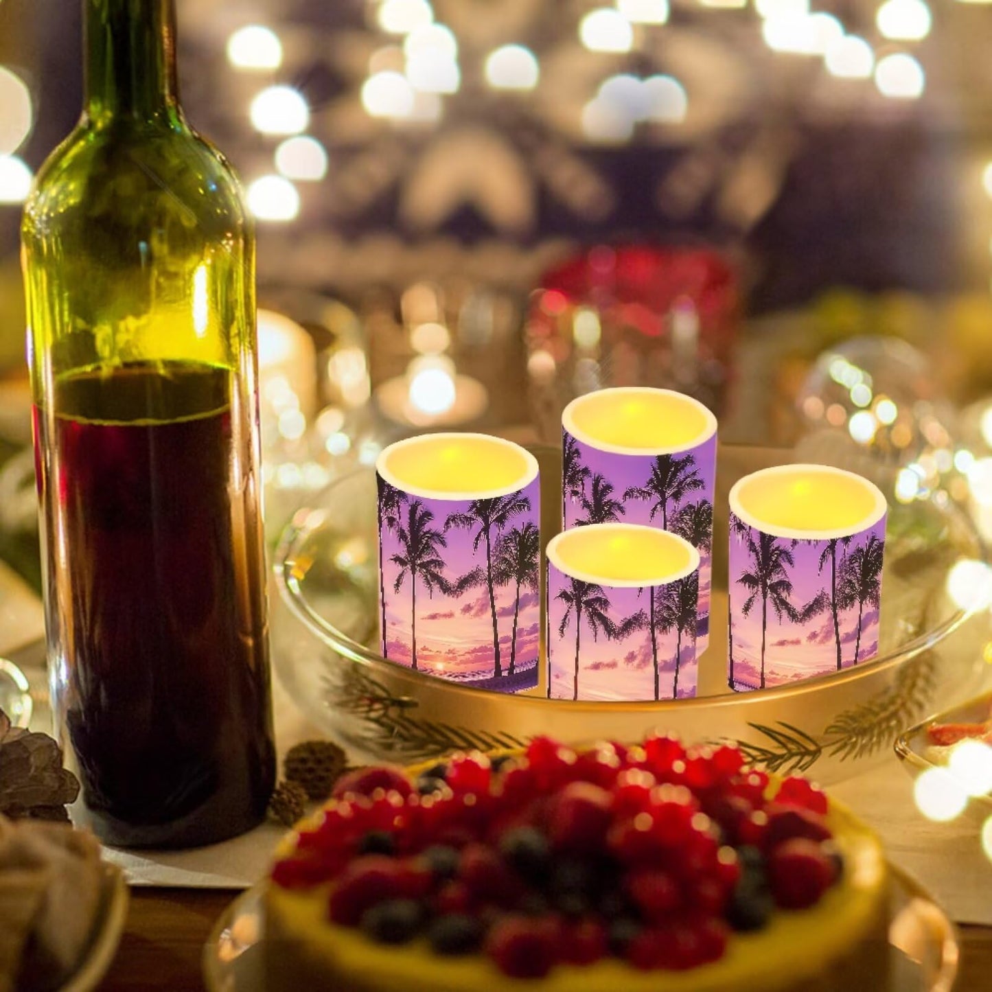 NETILGEN Tropical Palm Trees Purple Sunset LED Flickering Pillar Candles for Home Decor 4 Packs Flameless Candles with Remote and Timer