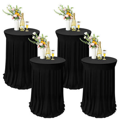 Tegeme 4 Packs Round Spandex Cocktail Tablecloths with Skirt 32 x 43 Inch Cocktail Round Table Cover Spandex Stretch Square Tablecloth Skirt for Table Bar Wedding Party Banquet (Black)
