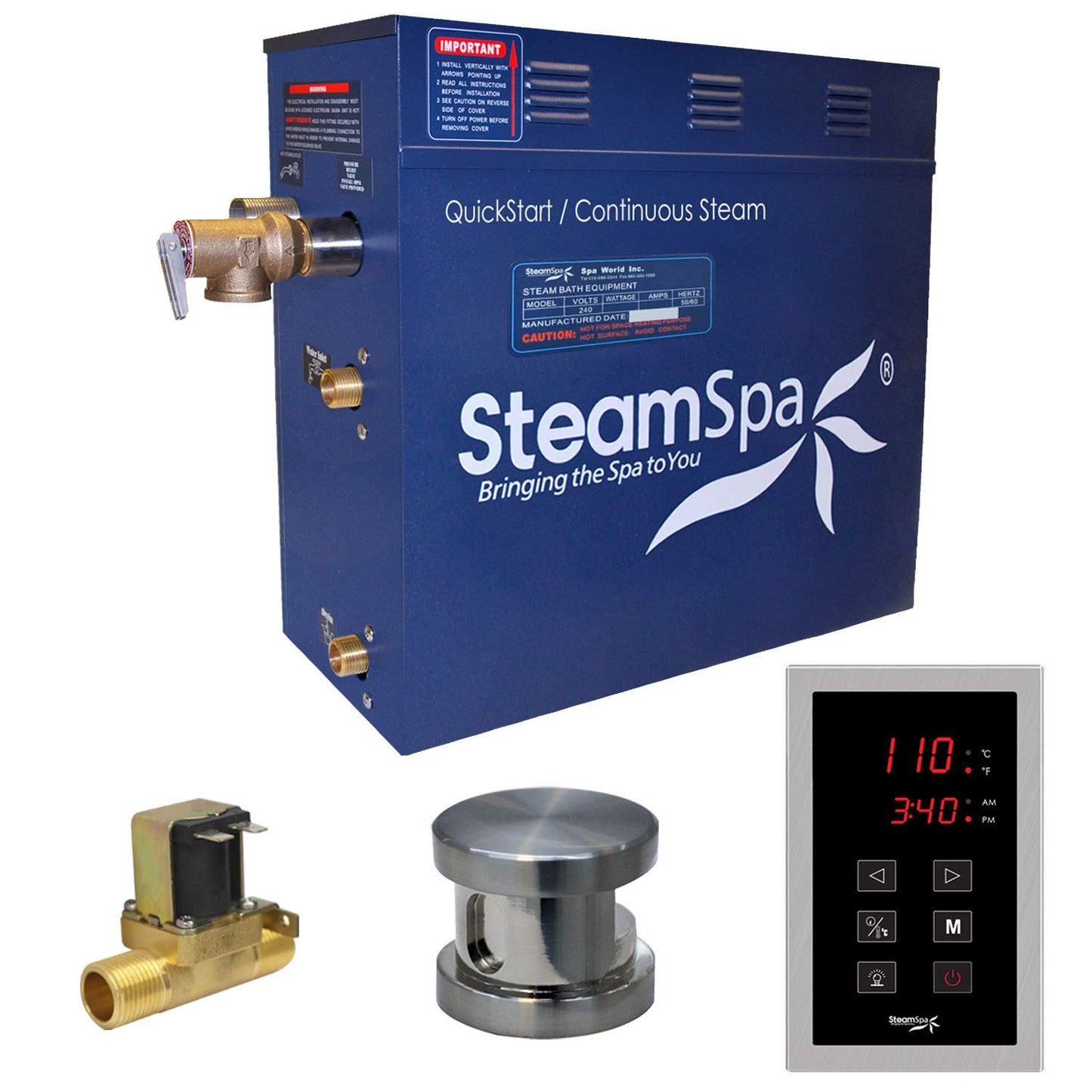 STEAMSPA 7.5kW Steam Sauna Generator Sentry Series 240V Steam Generator with Touch Screen, Steamhead, Built-in Steam Shower Auto Drain, ACU Quickstart Steam Bath Generator (Brushed Nickel)