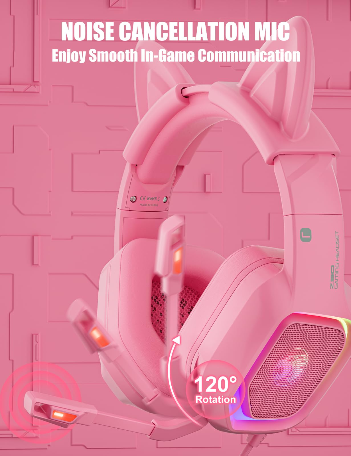 ZIUMIER Gaming Headset with Detachable Cat Ears, Compatible with PS4 PS5 Xbox One PC Laptop, Over-Ear Headphones with LED Light, Noise Canceling Mic, Stereo Surround Sound (Pink Cat)