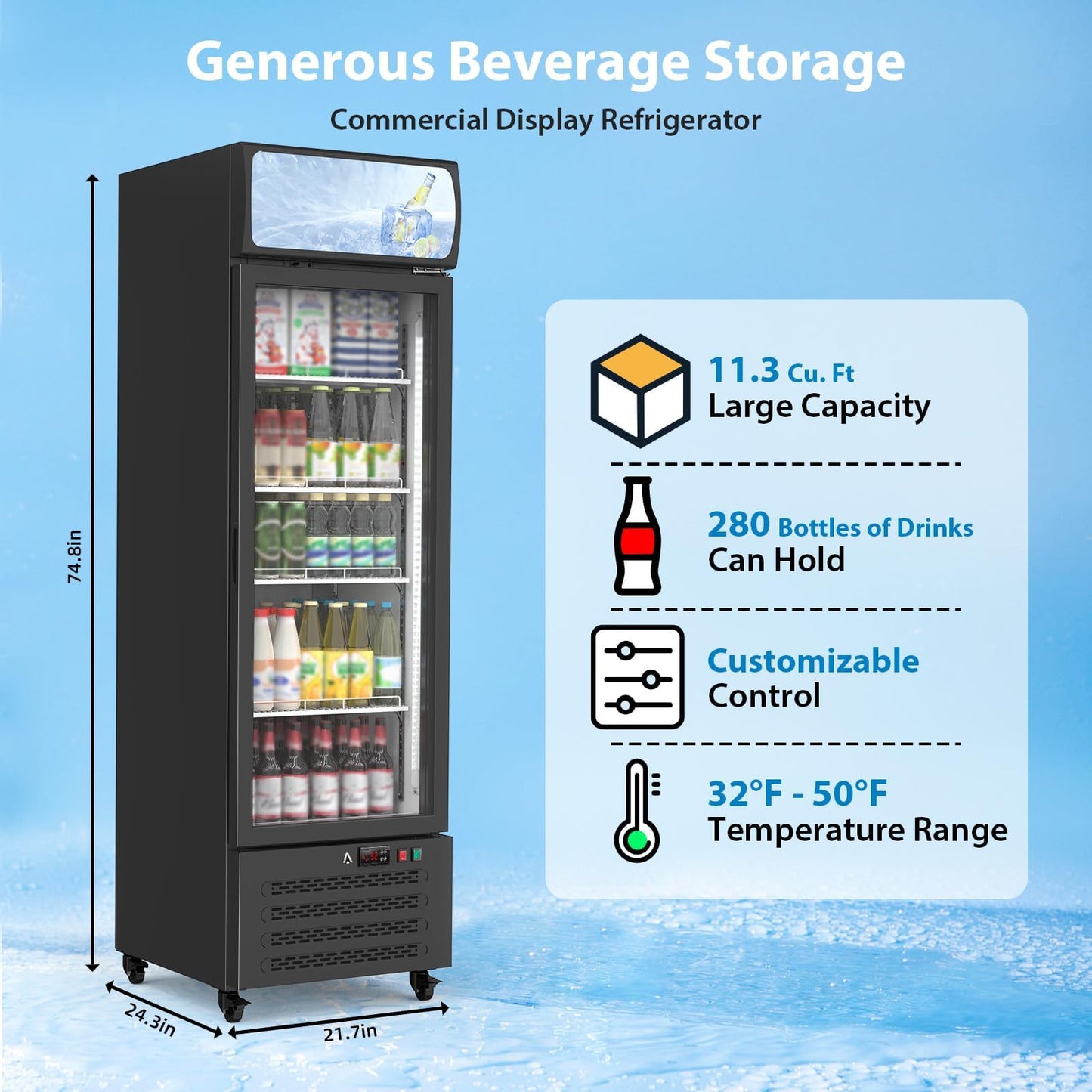 PeacefulHues 13.4 Cu.Ft Commercial Display Refrigerator,Glass Door Beverage Cooler with Adjustable Shelves,LED Lighting & Advertising Panel, Mobile Design