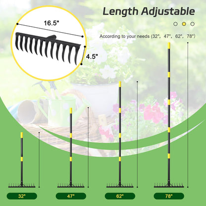 Bow Rake, 78" Heavy Duty Garden Tools Lawn Leveling Rake with Long Handle, 12 Tines Garden Tools Metal Head for Loosening Soil, Cleaning the Leaves and Weeding Control, Leaf, Thatch, Landscape Tools