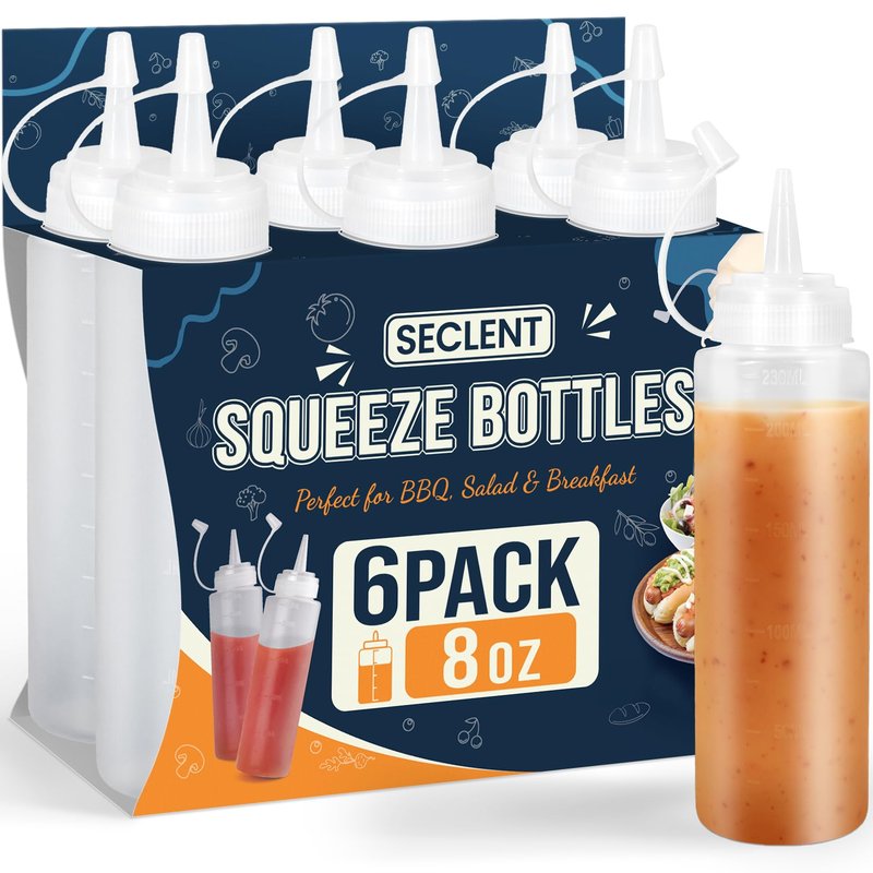 SECLENT 8 oz Squeeze Bottles, Plastic Condiment Squeeze Bottles for Sauces, Ketchup, Squirt Bottle for Dressing, Sauce Bottle for Syrup, Oil, Dressing, Mustard, Pancake Batter - 6 Pack