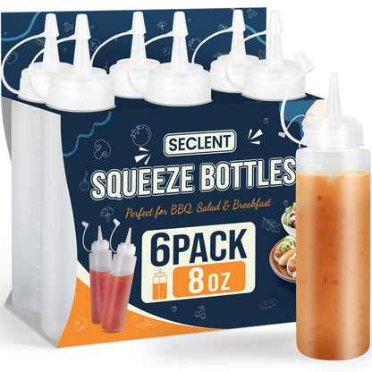 SECLENT 8 oz Squeeze Bottles, Plastic Condiment Squeeze Bottles for Sauces, Ketchup, Squirt Bottle for Dressing, Sauce Bottle for Syrup, Oil, Dressing, Mustard, Pancake Batter - 6 Pack