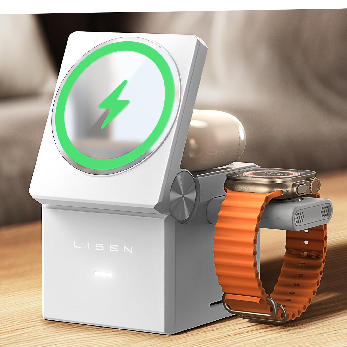 LISEN 3 in 1 Charging Station for Apple, iPhone Charging Cube Station Wireless for Magsafe Charger Stand Cube, Foldable for iPhone 17 16 16e 15 14 13 and Watch Gray