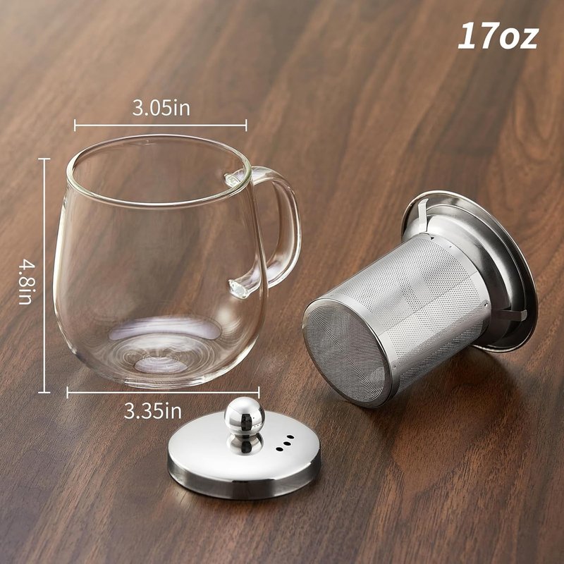 DOPUDO Glass Tea Cup with Infuser and Lid, 34oz/1000ml Large Borosilicate Teacup, Clear Mug for Loose Leaf Blooming Tea, Dishwasher Safe - Tea Maker Gift for Birthday