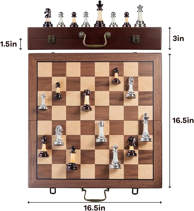 Deluxe Chess Set 16.5'' Wooden Large Folding Chess Board Game with Handle Weighted Acrylic Chess Pieces - 3.5 King with Storage Slots for Beginners Professional Players
