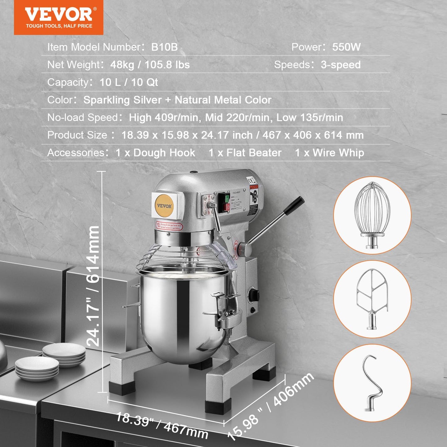 VEVOR Commercial Food Mixer 10Qt, Commercial Mixer with 3 Adjustable Speeds, 550W Dough Mixer,Commercial Stand Mixer with Stainless Steel Bowl