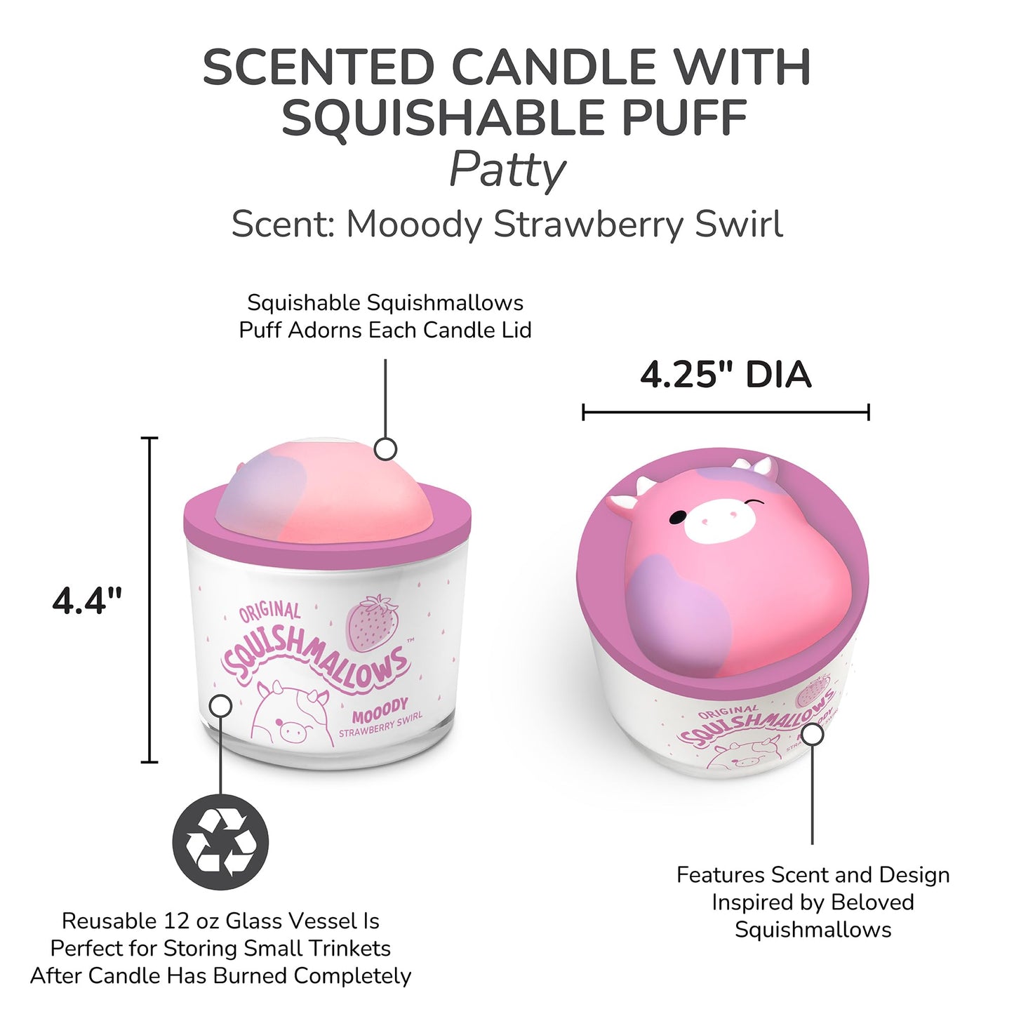 Studio Oh! x Squishmallows Scented Candle, Patty Mooody Strawberry Swirl Strawberry, Vanilla, Citrus & Freesia, 12 oz, Reusable Jar, Scented Candles for Home, Relaxing Calming Candle