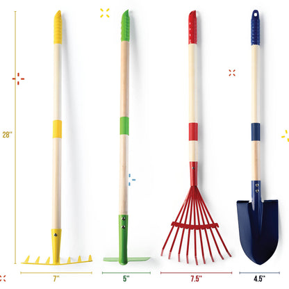 Play22 Kids Garden Tool Set Toy 4-Piece - Shovel, Rake, Hoe, Leaf Rake, Wooden Gardening Tools for Kids Best Outdoor Toys Gift for Boys and Girls