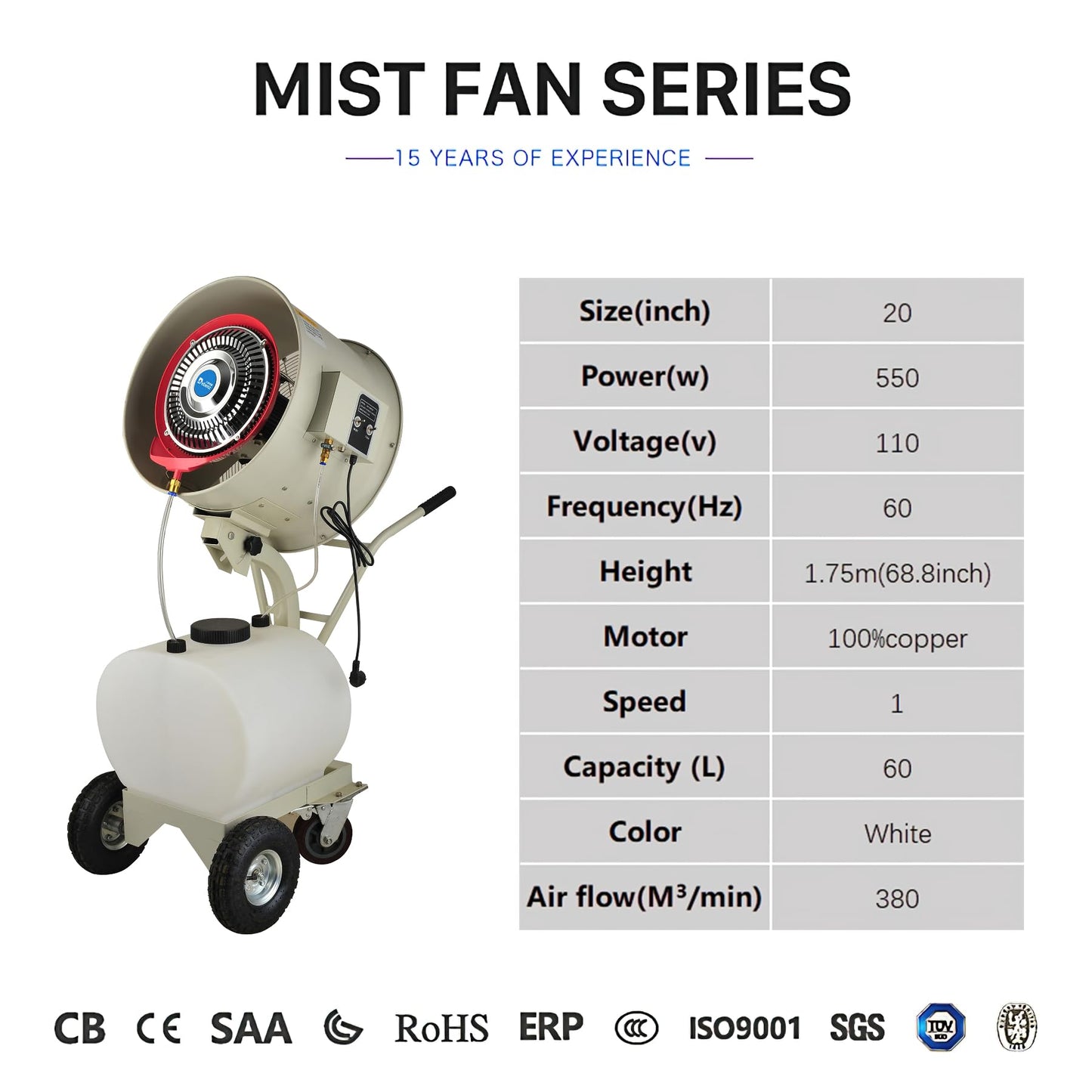 High Velocity 55L Large Tank Outdoor Misting Fan,Industrial Portable Cooling Fan with Oscillation, Coverage for Patio, Carnival, Warehouse, and Job Site – Heavy Duty Floor Fan(110V-550W-20inch)