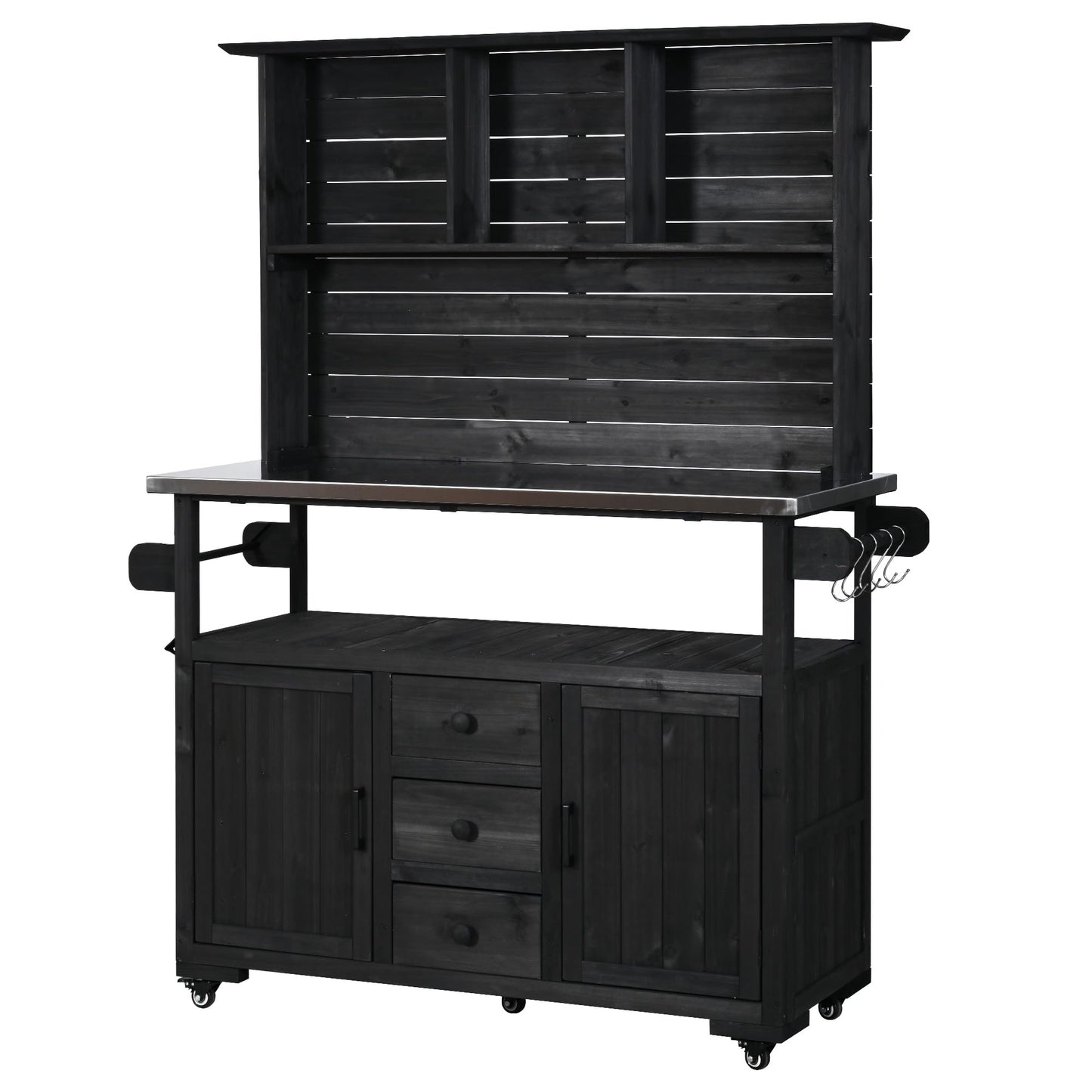 GDFStudio Preden Outdoor Storage Bench Table with Cabinet, Patio Wooden Potting Bench, Garden Storage Work Bench with Stainless Steel Top, Drawers, Cabinets, Shelves and Hooks, Kitchen Island, Black