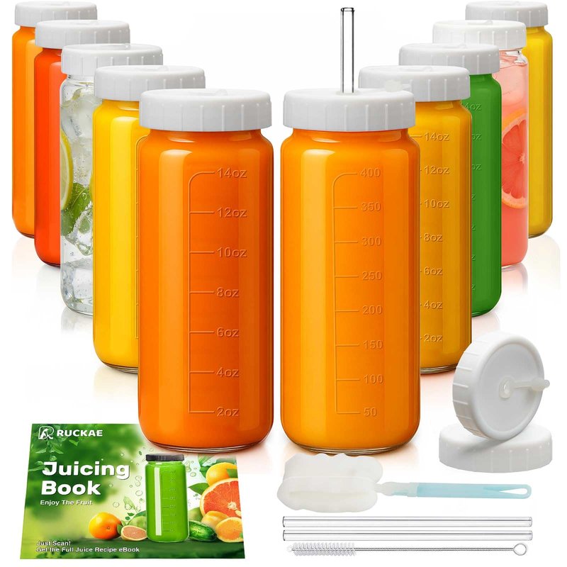 Ruckae 16oz 10 Pack Glass Juice Bottles with Dual Scale, Reusable Glass Bottles with Hole Lids and Straws Mason Jar for Juicing, Smoothies, Kombucha - Water Bottle for Fridge or Gym (Gold)