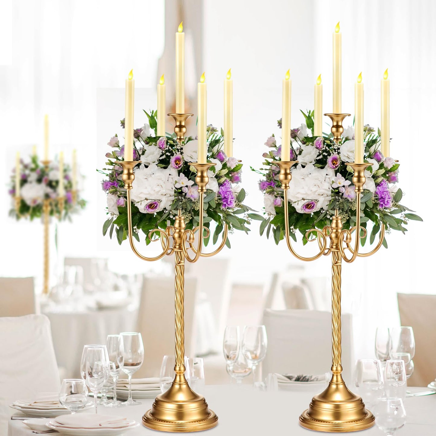 Rtteri 6 Pcs Gold Candelabra Candlestick Holder Metal Candle Stand Candelabra for Taper Candles Table Centerpieces Wedding Christmas Holiday Birthday Party (12.2 x 12.2 x 26.4 Inch,5 Arm)