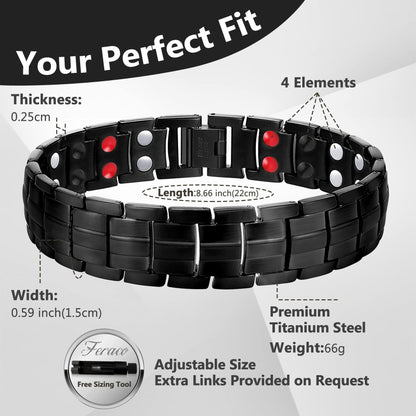 Feraco Mens Magnetic Therapy Bracelets Titanium Steel Bracelet with Double Row 4 Elements Magnets