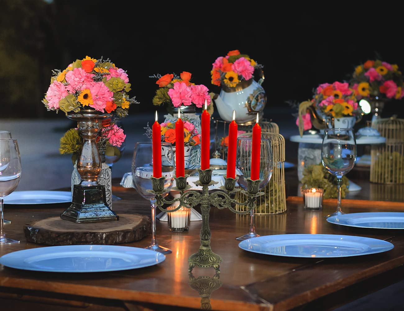 Dorlotou Metal Candelabra 5-Candle 10.1 Inch Tall Candle Holder Stick for Home Wedding Event and Party Festival,Bronze