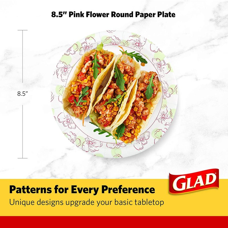Glad Disposable Paper Plates, Pink Floral Pattern, 8.5 Inch Round, Soak Proof Coating, Microwave Safe, Cut Resistant, Sturdy for Dinner, Parties, and Everyday Meals, 50 Count - 12 Pack