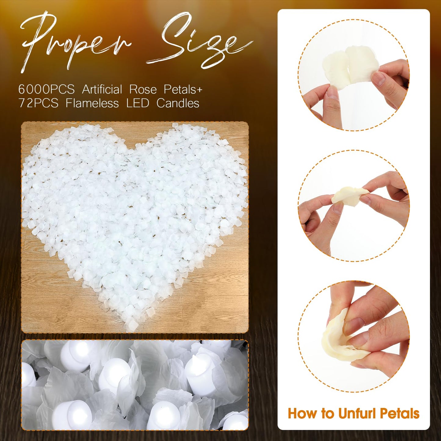 Coume 6000 Pcs Artificial Rose Petals with 72 Pcs Flameless LED Candles Romantic Decorations Fake Candles Anniversary Decorations for Valentine's Day Wedding Night(White)