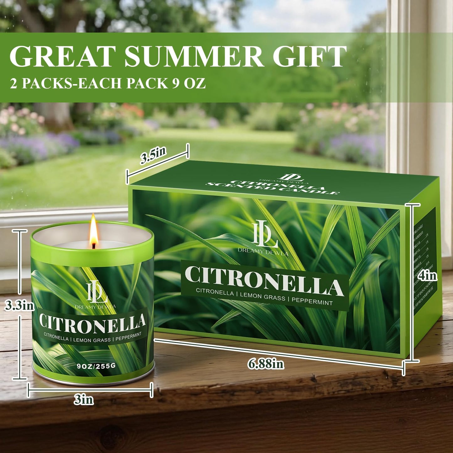 Citronella Candle Outdoor 2 Pack, 9oz Citronella Scented Candles for Outdoor Camping Patio, Natural Soy Wax with Essential Oils Non Toxic Candles, Summer Gifts for Outside Backyard Garden Picnic