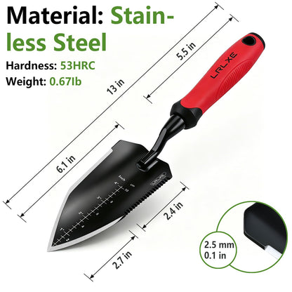 LRLXE Heavy Duty Garden Trowel, Stainless Steel Pointed Hand Shovel with Non‑Slip Rubber Handle, Ideal for Digging, Weeding, Transplanting, Planting Bulbs & Soil Scooping