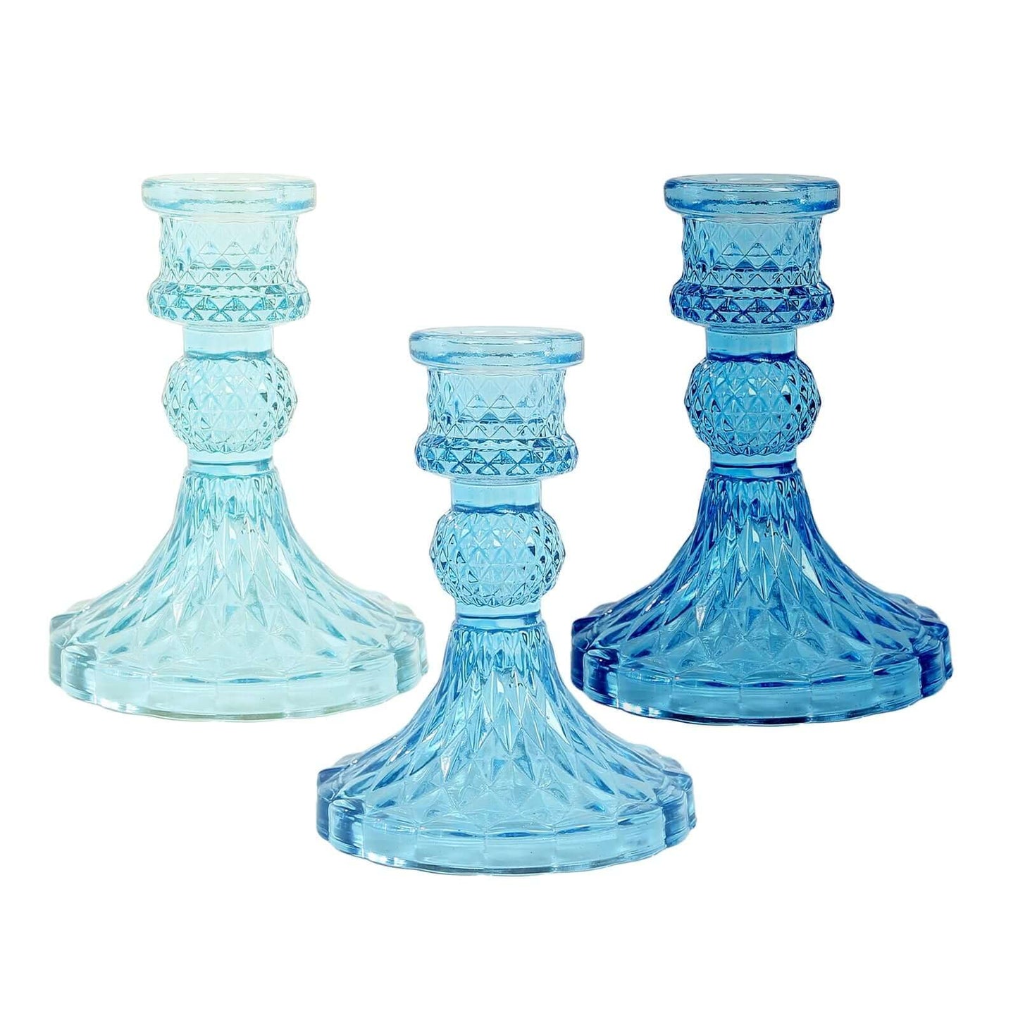 Efavormart 6 Pack Assorted Blue Glass Taper Candlestick Holders with Diamond Pattern, Reversible Crystal Pillar Votive Candle Stands - 4"