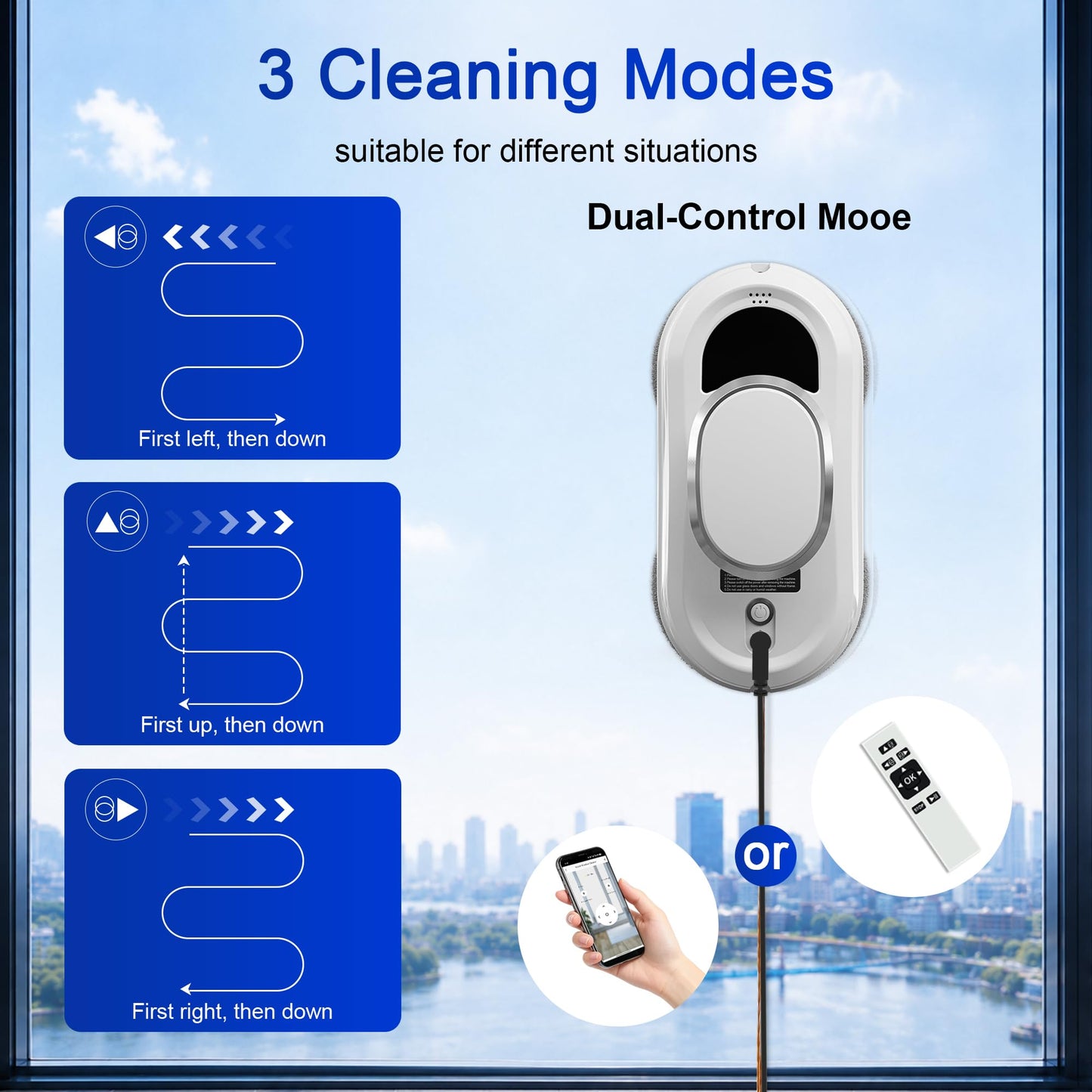 EAEGE Automatic Window Cleaning Robot, Smart Robot Window Cleaner Inside/Outside, 3000Pa Suction, Intelligent Path Planning, Remote Control for high Glass, Shower, Mirror with 10 Rags(White)