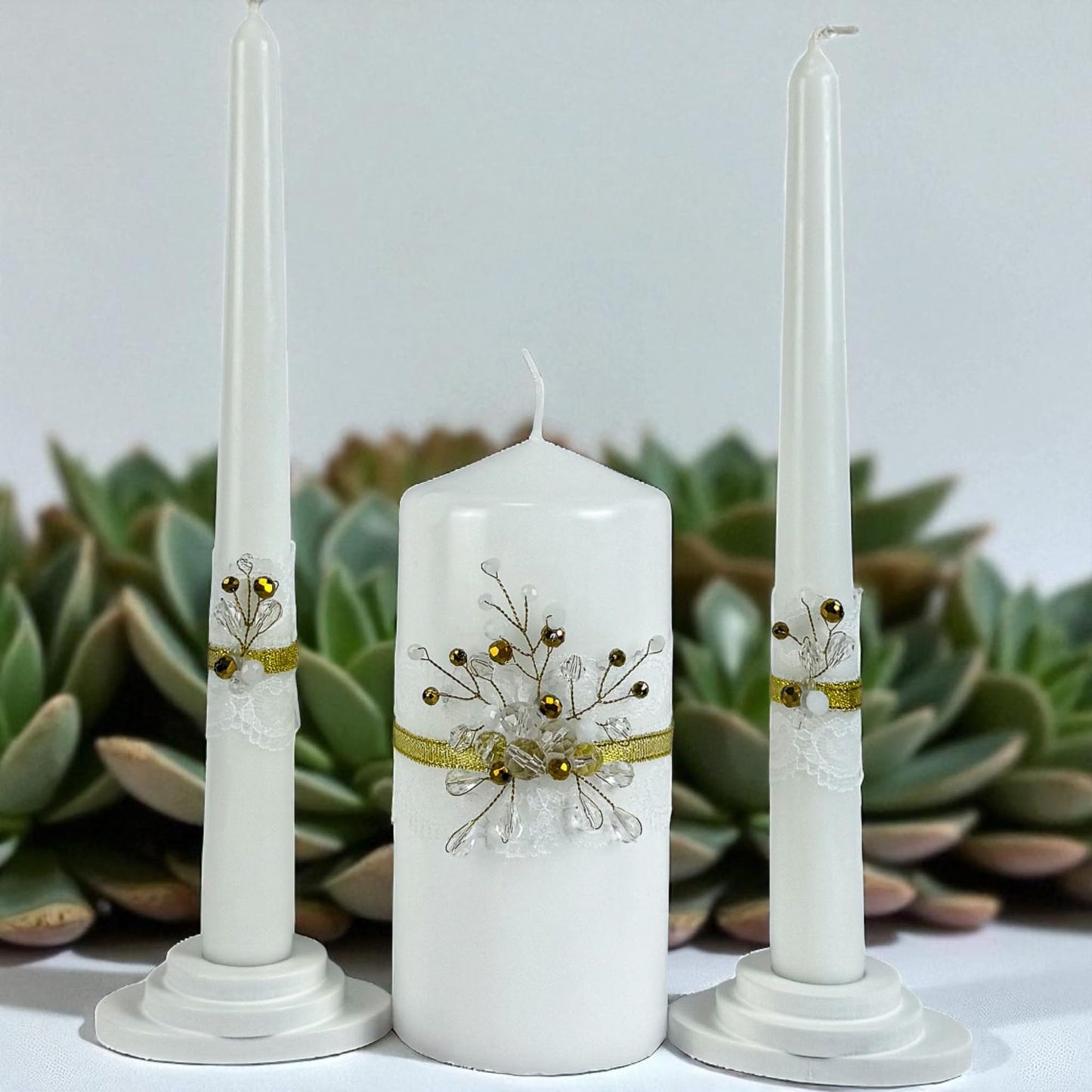 Magik Life Unity Candle Set - Wedding Ceremony & Reception – 6” Pillar & Two 10” Taper Candles – Long Burning Unity Candles for Marriage Ritual – Handmade in USA – Diamond |Gold