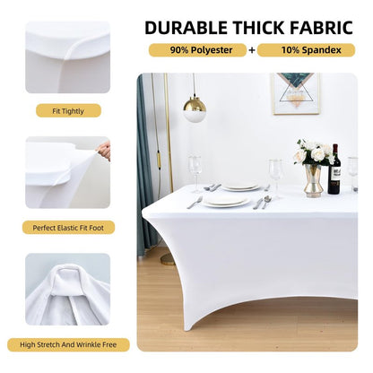 ZarzaaSik 10-Pack 8ft White Spandex Table Covers for Rectangle Folding Tables - Washable Elastic Tablecloth - Ultimate Fitted Table Protector for Parties, Trade Shows, Banquet, and Wedding
