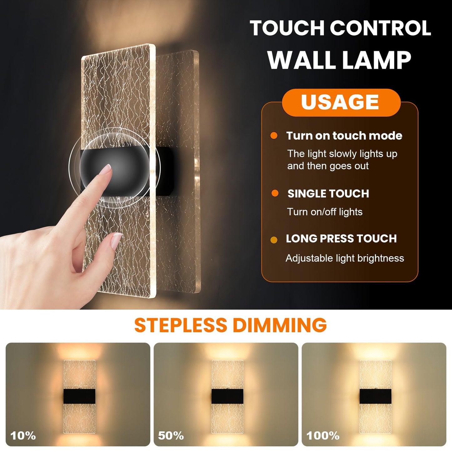 Liyabber LED Touch Control Wall Lamp, Modern Indoor Light with Switch, USB Rechargeable Battery Light, Magnetic Installation, Wireless Black Sconces Lighting 3000K Brightness Adjustable 2 Pack