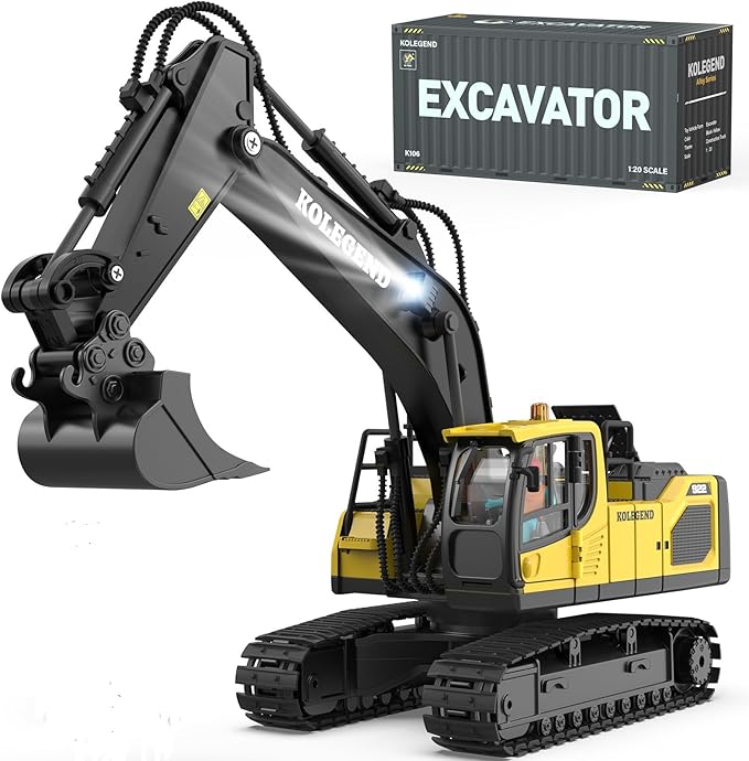 kolegend Remote Control Excavator Toy for Boy 2 Batteries- 1/20 Scale Remote Control Digger with Alloy Shovel Infinitely Rotating Cab Lights &amp Sounds - Gift for Kids Ages 678910
