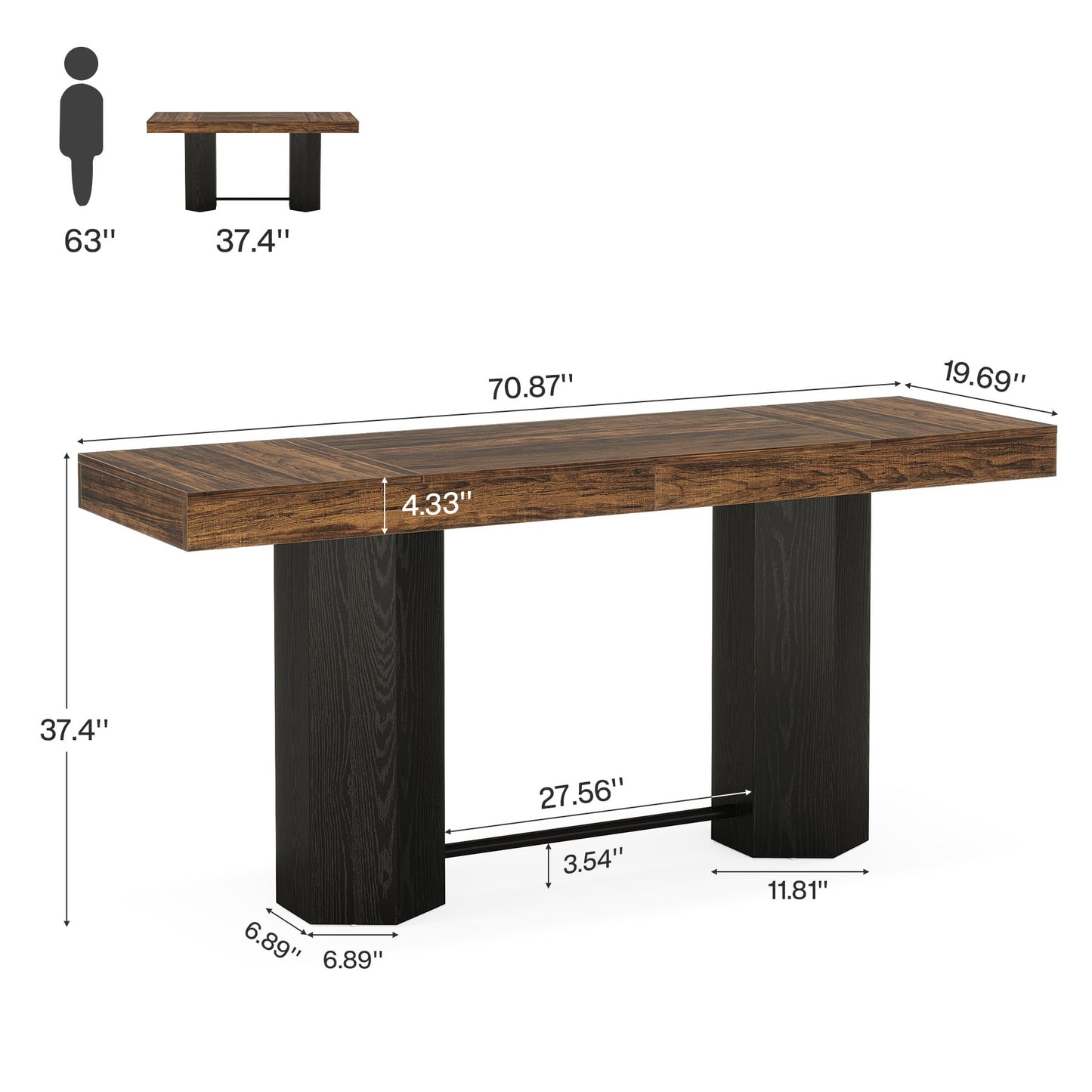 Tribesigns 70.9" Extra Long Bar Table, Industrial Counter Height Table, Rectangular Bar Height Tables with Metal Footrest for Kitchen Dining Room, Living Room, Pub (Rustic Brown & Black)