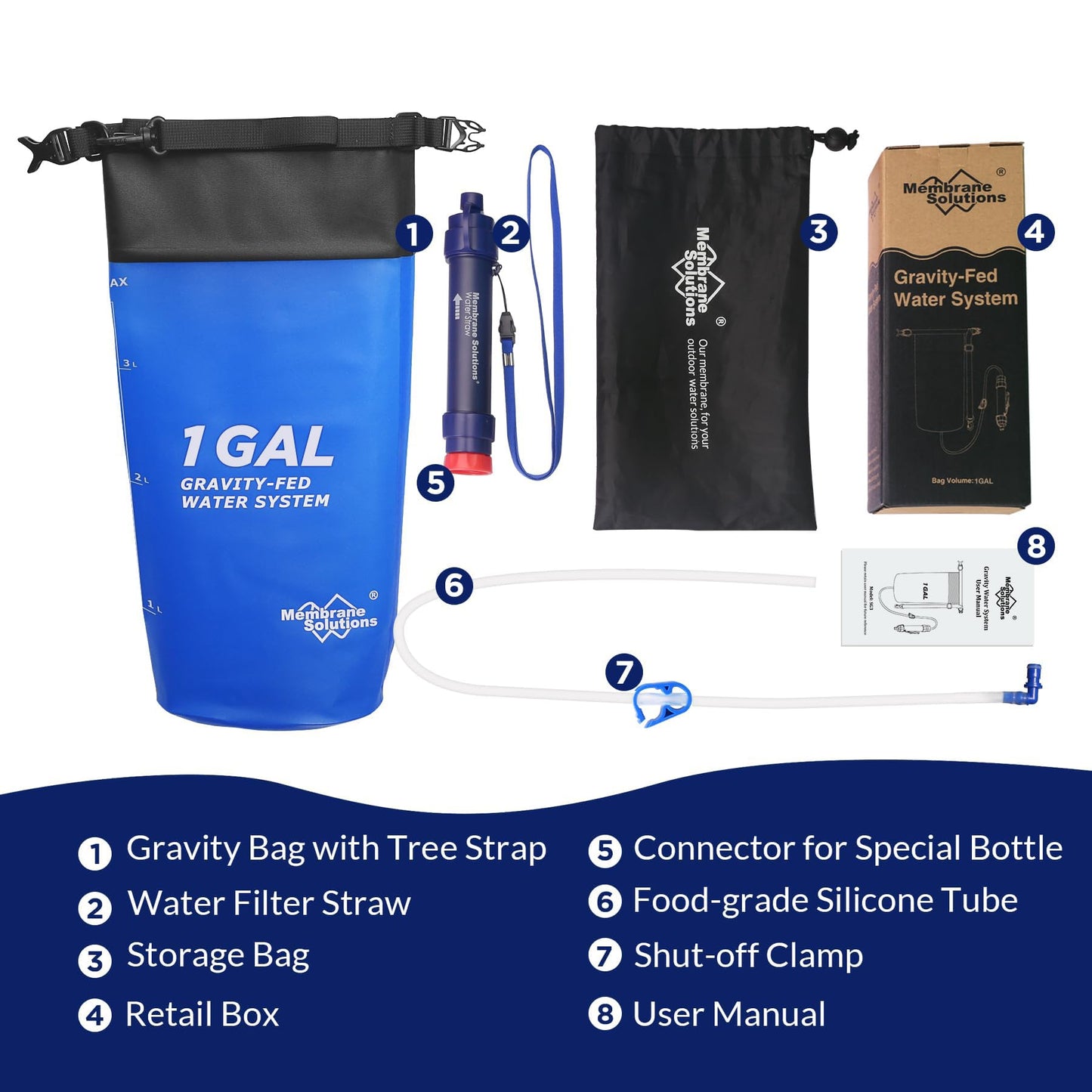 Membrane Solutions Gravity Water Filter 1 Gallon, NSF/ANSI 42&372&401 Certified, 0.1μm Versatile Water Purifier Camping with Adjustable Tree Strap Storage Bag, Survival Gear for Emergency Preparedness