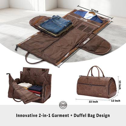 STOVER Garment Travel Duffle Bag, Large 2-in-1 Convertible Carry-on Luggage for Men & Women- Hanging Suits, Dresses & Clothes + Shoe Compartment- Weekender Tote Combo Duffel (Brown Leatherette)