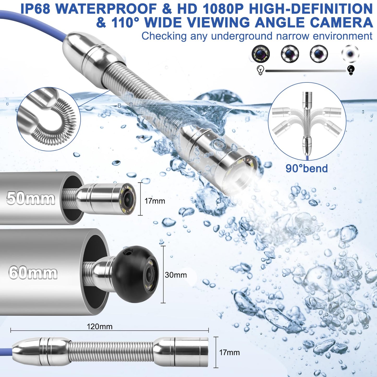 Sewer Camera w/DVR Function, 4.3" HD 1080P Screen Pipeline Inspection Camera, IP68 Waterproof Pipe Plumbing Snake Cam with 32GB Card, for Sewer Line, Home, Duct Drain Pipe Plumbing (30M/100FT)