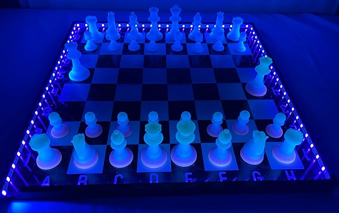 Dam Merch's LED Illuminated Glow in The Dark Chess Set - Made in USA (Standard Rainbow + Blue)