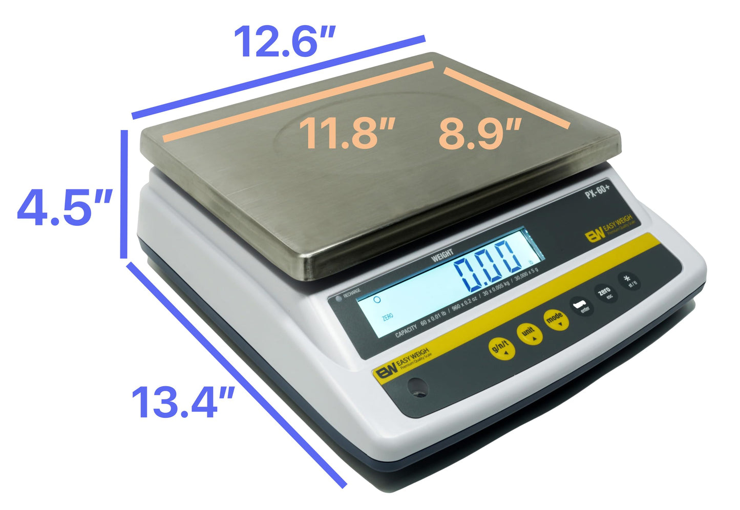 Easy Weigh PX 60 x 0.01 LB Capacity Digital Scale Rechargeable Battery Operated LCD Display Stainless Steel Platter KG Grams Ounces OZ Kitchen Deli Produce Electronic NTEP (PX-60)