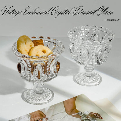Boxonly Clear Crystal Dessert Goblet Set of 2 - Vintage Style 250ml Embossed Glass, 4.7"x3.9" / 12cmx10cm Footed Cups for Ice Cream & Sweets